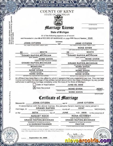 USA state Michigan Kent County marriage certificate, version 2